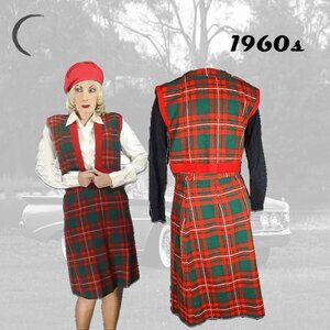 Red Tartan Pencil Skirt & Vest Holiday Outfit Plaid Vintage Academia